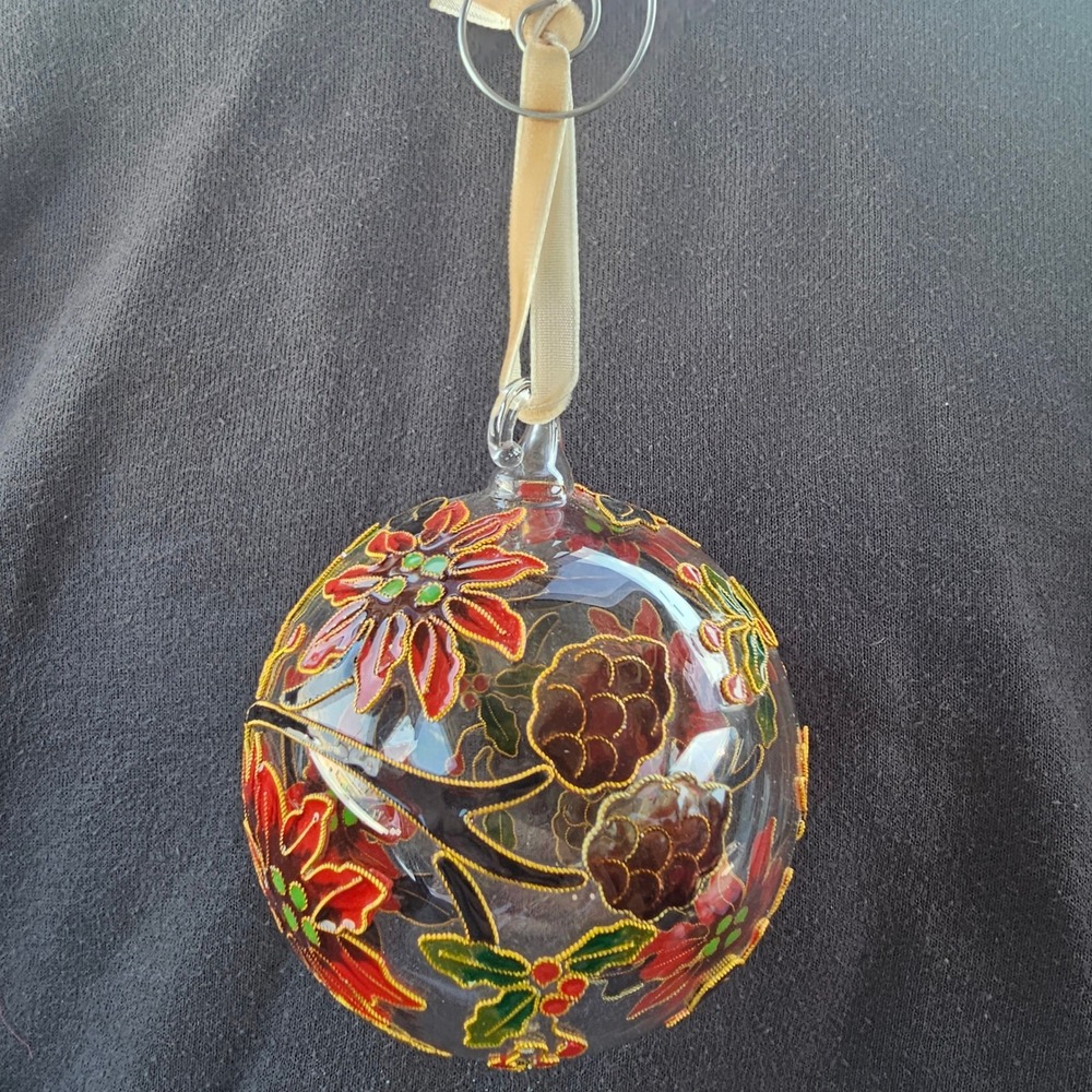 Hand Painted Glass Christmas Ornament Poinsettia Holly Pinecone Gold Detail